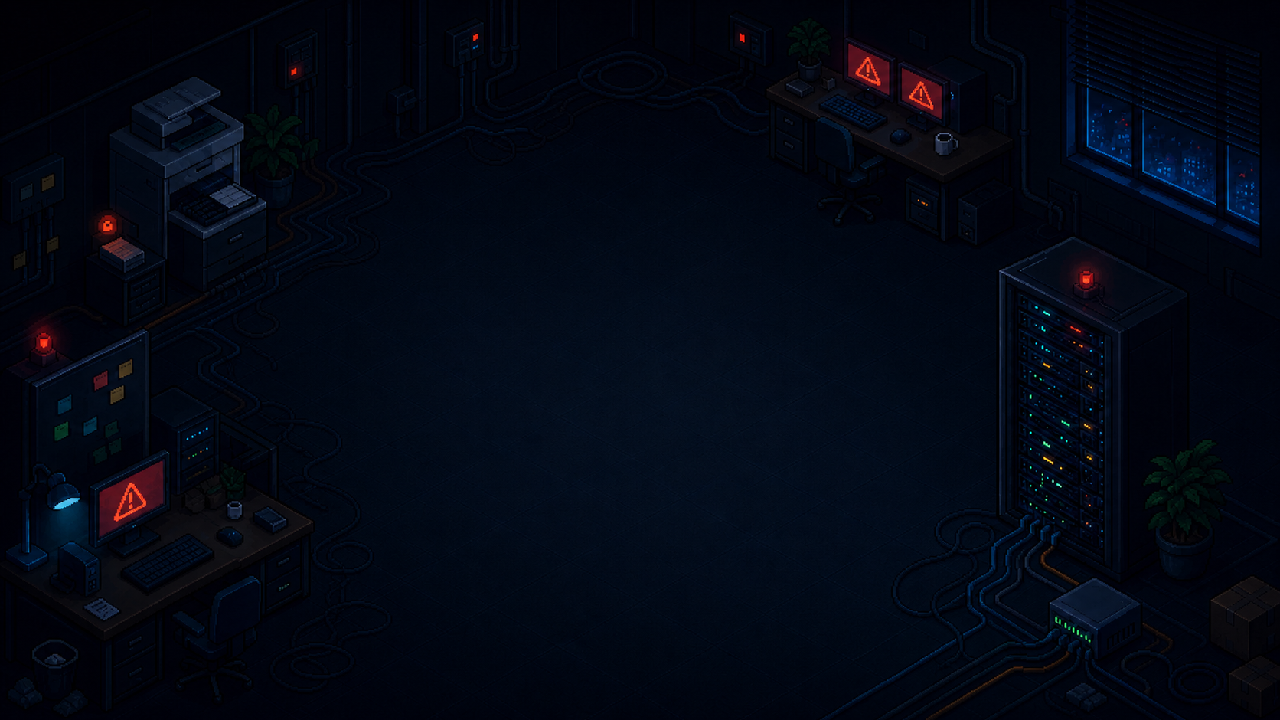 An empty office at night with unattended computers displaying red error warnings