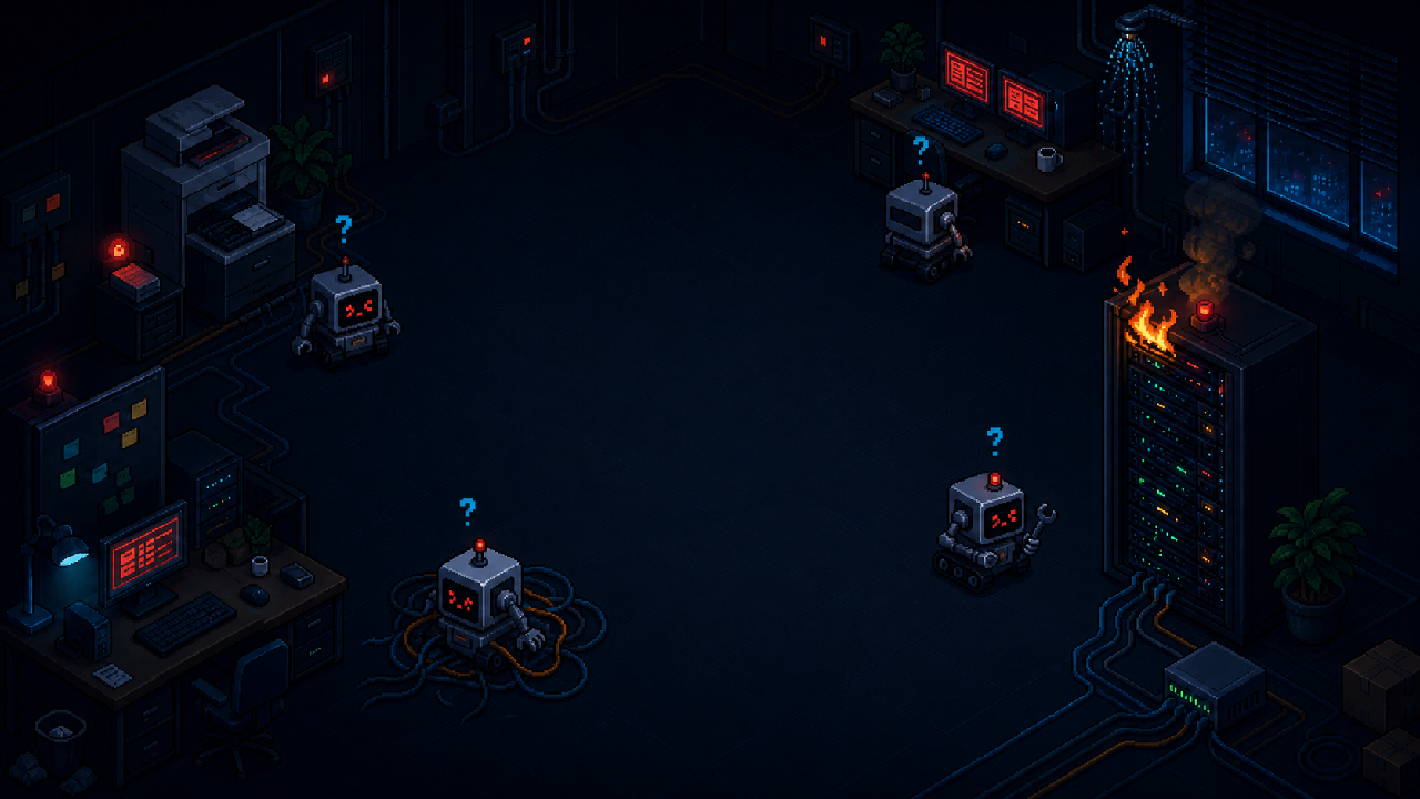 Confused office robots surround a server rack that has caught fire