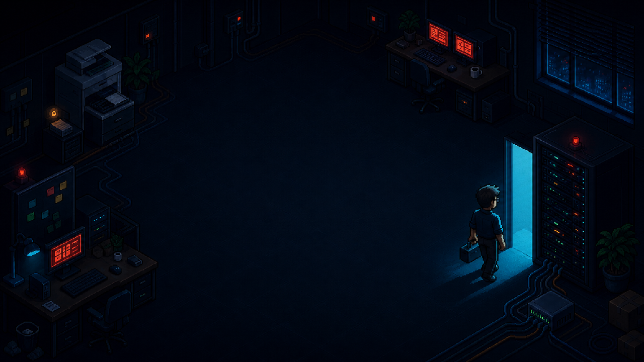 The last SysAdmin enters the dark office carrying a toolbox